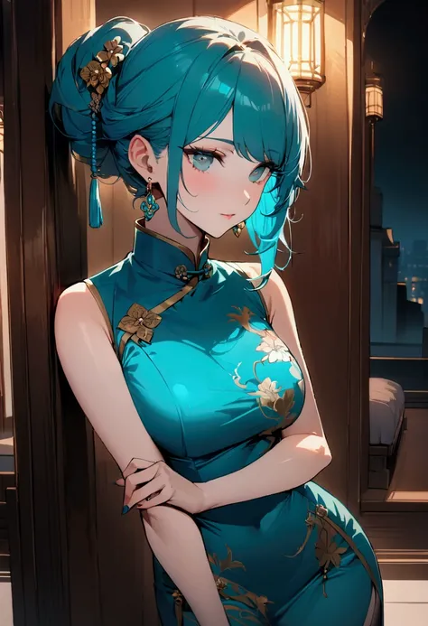 (( top quality )), ((masterpiece)), ( more),  Long, well-groomed turquoise hair, Neat and elegant look,  Slender Body , dark cyan eyes, Turquoise luxury qipao , luxury earring,  middle-aged woman 