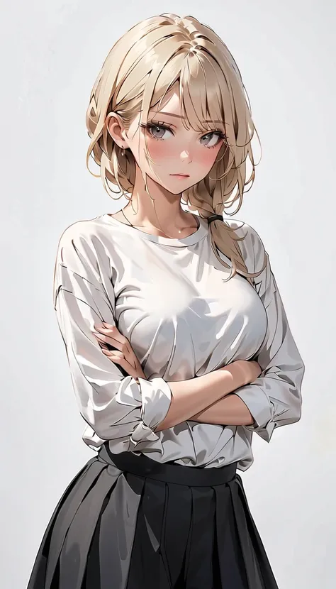 "A 20s woman with loosely tied blonde hair, dressed in a black tight skirt and a casual white shirt, her cheeks flushed as she crosses her arms nervously, on a clean white canvas."

