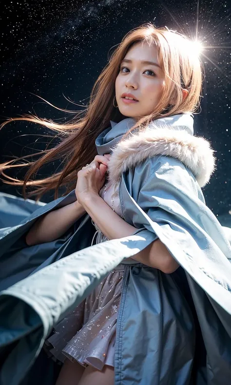 (    When she casts a spell ,  legendary ice pigeons appear around the sky 、 Magic Rim 、staring at something、diamond dust flutters、クリーム色のhair、   Heavy snowfall area      、   Snow is falling   、    blue eyes、    blue eyes、white winter clothes    、  gazing u...