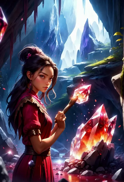 a young woman digging out a large red crystal from the ground, highly detailed, photorealistic, 8k, studio lighting, dynamic pose, digital painting, mystical atmosphere, vibrant colors, fantasy landscape, glowing crystal