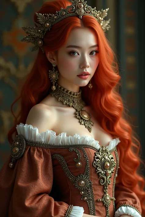 A woman, red hair, elaborate antique noble attire, jewelry, dynamic pose, complex fantasy character, cinematic lighting, fantasy, magic, detailed background, NSFW, close-up, best quality, HDR, 8k, photorealistic, RAW photo, highly detailed