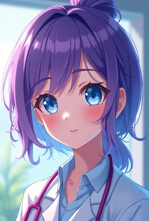 Anime girl with purple hair, blue eyes. and become a doctor.