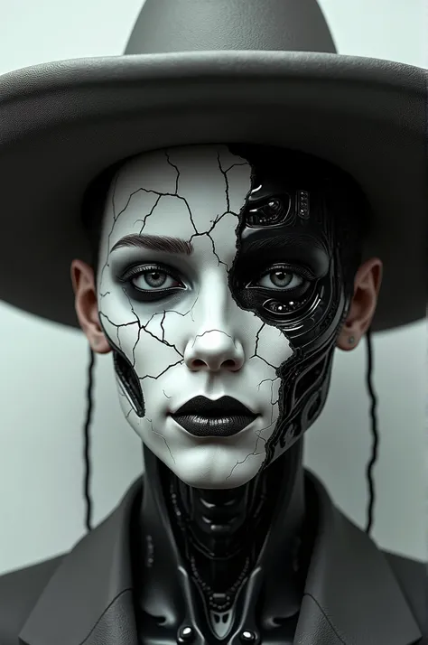 (man in sombrero), There is a white head with a broken face and many squares, cybernetic faces, cybernetic machine male face, Robot face, Machine parts embedded in the face, Robot faces, cracked porcelain face, Ray Swanland, Detailed portrait of a cyborg, ...