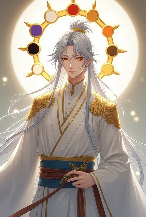 Full body image, handsome young protagonist xianxia,long silver hair, accessories like mini claw on hair,handsome face((mature on range 20-25 yo)),golden amber eyes ((make eyes like realityl)),calm and  cool aura ,at back head is god circle with immortal r...