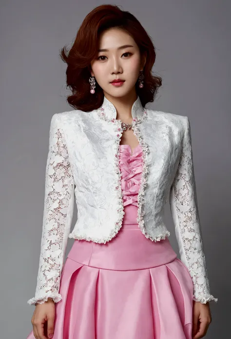 A Korean man is wearing a ladies skirt suit, a beautiful skirt suit, he is a crossdresser, he has big breasts on his chest like a womans, his face is very masculine, his hair is masculine short, pink and white, frills and lace. Decoration, ladys dress, two...