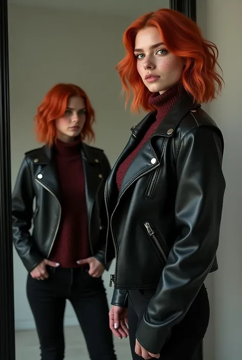 Create a 20 year old girl with green eyes with light moles with red hair and white skin let me pose in front of the mirror in a leather jacket black pants black boots and a burgundy sweater.