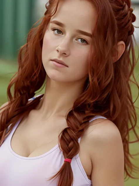 (best quality,4k,8k,highres,masterpiece:1.2),ultra-detailed,(realistic,photorealistic,photo-realistic:1.37), ((woman wearing tennis clothing, solo, shy)), ((very large bust size for her young age)), braided red hair, pale skin