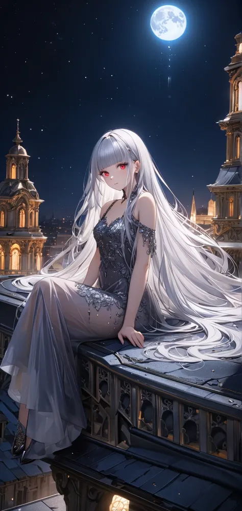 Ultra high resolution, rich colors, perfect image, best quality, detailed image, beautiful single woman, glowing skin, texture of skin and clothes, delicate eyes, night, sitting on roof, fallen angel, fallen angel wings, see-through dress, (((silver hair b...