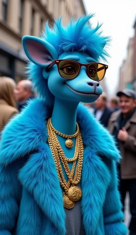  An anthropomorphic blue character with human facial features ,  vibrant blue skin and disheveled blue hair ,  wearing a bright blue fur coat .  He wears stylish gold sunglasses and several gold chains around his neck , including . The setting is urban,  w...