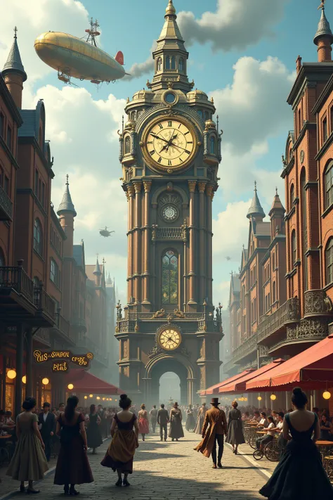 A meticulously detailed steampunk scene set in a bustling Victorian-era city square, brimming with retro-futuristic charm. The centerpiece is a towering clocktower adorned with spinning gears, copper pipes, and steam vents, its large clock face glowing fai...