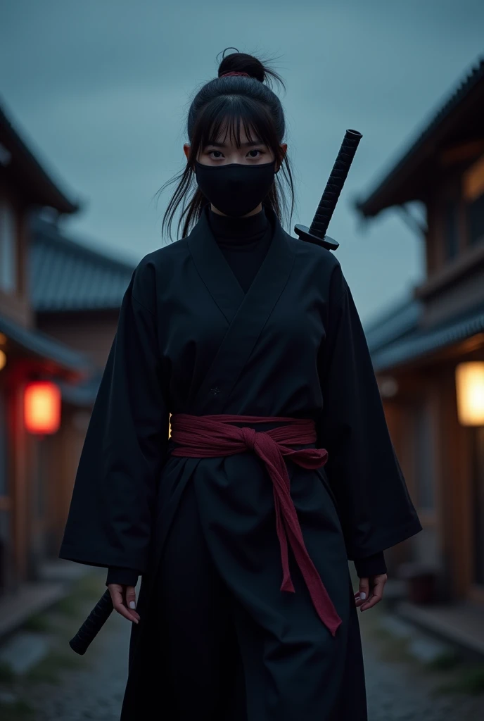 A female ninja, dressed in black with a maroon cloth belt, wearing a black ninja mask that covers her nose and mouth. Her hair is tied up, part of her bangs are loose. Carrying a kattana.Walking at night behind the settlement. The incident occurred during ...