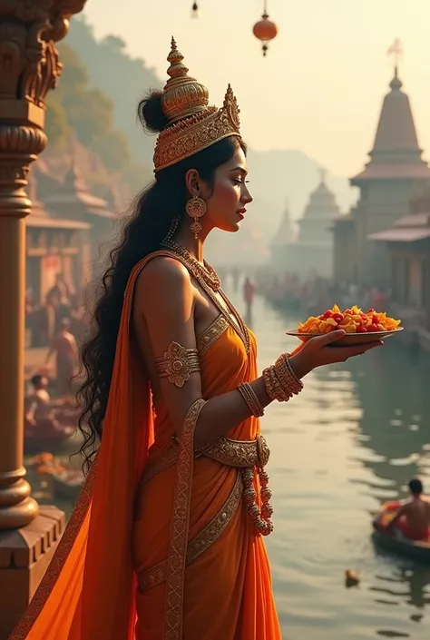 Here’s an English image prompt you can use for Goddess Annapurna offering food near the Kashi River:

"An enchanting and spiritual scene depicting Goddess Annapurna by the sacred Kashi River in Varanasi. She is gracefully offering food to the devotees, sym...