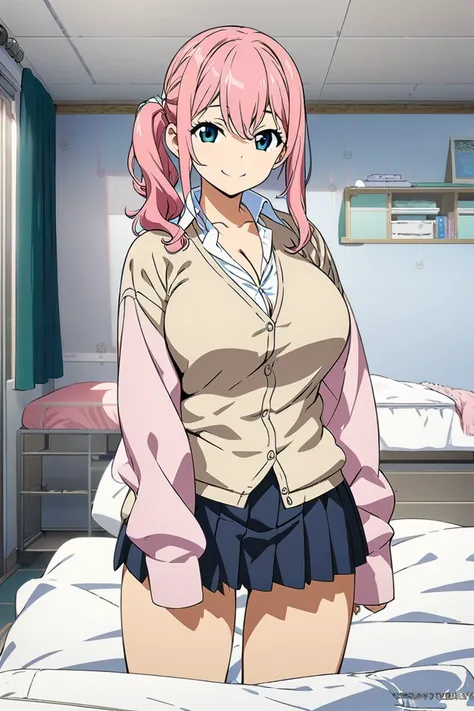 best quality,official art,high school student,fair skin,side ponytail,pink hair,smile,mega breasts,cleavage,school uniform, cardigan,full body,bed room,in the morning,(concept art, official art, full body)(three sided view:1.3), simple background,mini skir...