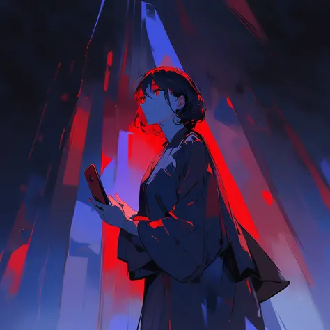 ARTWORK OF A WOMAN HOLDING A PHONE WHILE IN A ROOM WITH A VERTICAL POSITION DARK BLUE AND RED LIGHTS.