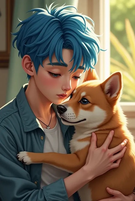 Handsome and cute Korean man with blue hair holding a dog