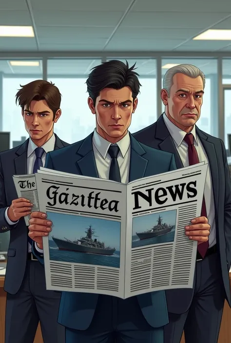 Créer une image de salariés lisant un journal qui sappelle La Gazette avec un bateau de guerre en couverture