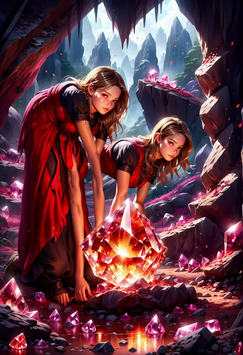 a young woman digging out a large red crystal from the ground, highly detailed, photorealistic, 8k, studio lighting, dynamic pose, digital painting, mystical atmosphere, vibrant colors, fantasy landscape, glowing crystal