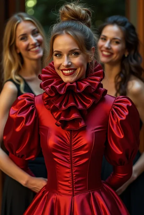 (realistic photograph close up sideways), (a pleased beautiful Caucasian woman with (messy hair bun), she is wearing (an elaborate shiny red silk gown featuring (long gigantic pouf sleeves) and (an ultra high tight stand-up collar up to her cheeks with a g...