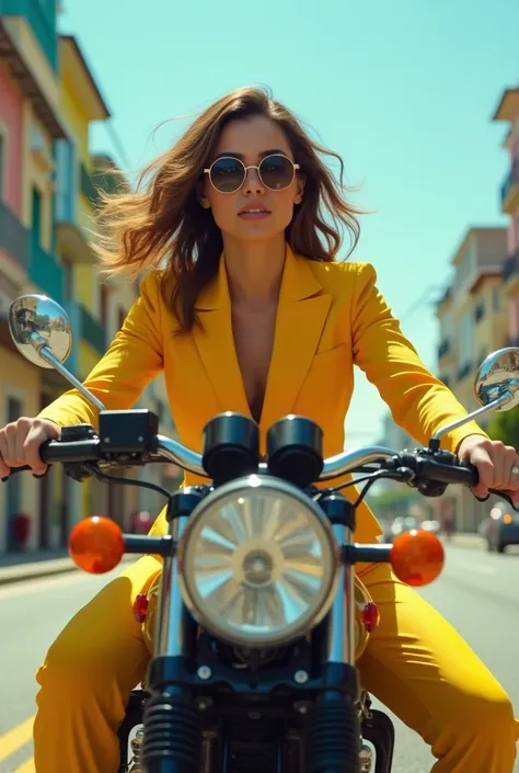 Actress Aubrey Plaza riding a motorcycle with Chanel hair and yellow clothes in Rio de Janeiro
With side view 