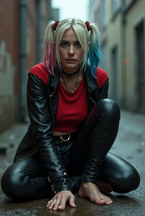 Harley quinn 40 ans ,   pieds nu , habillé en cuir noir et rouge , tee-shirts rouge, assise . Prise de vue au sol 