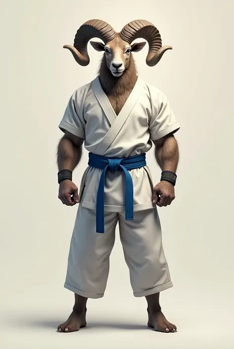 No horns ram wearing a blue belt and a gi