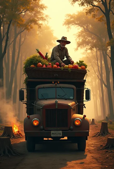 "An older man with a rugged appearance sits on top of a rusty, weathered truck carrying a large woven basket filled with various fruits and vegetables. It is a tranquil evening, with the golden-orange hues of the setting sun streaming through a dense fores...