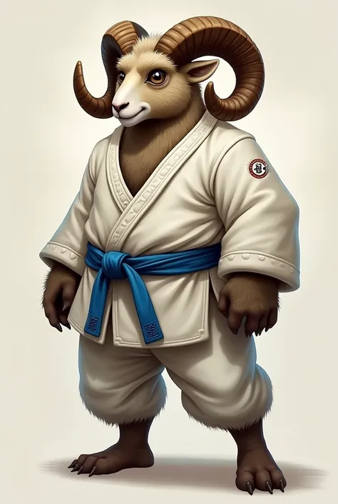 Horn-less ram wearing a blue belt and a gi