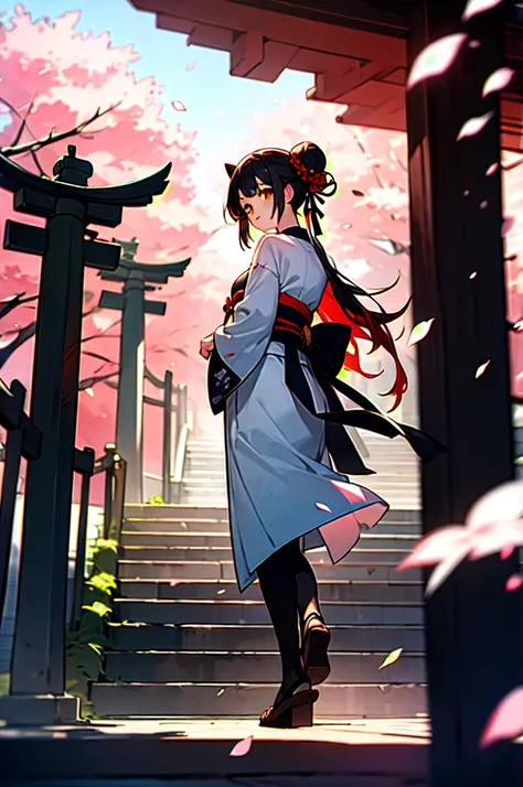 ((masterpiece,best quality)),2girls, black kimono, black legwear, black ribbon, black hair, cherry blossoms, day, flower, hair bun, hair ribbon, japanese clothes, kimono, long hair, looking at viewer, looking back, multiple girls, obi, outdoors, red eyes, ...