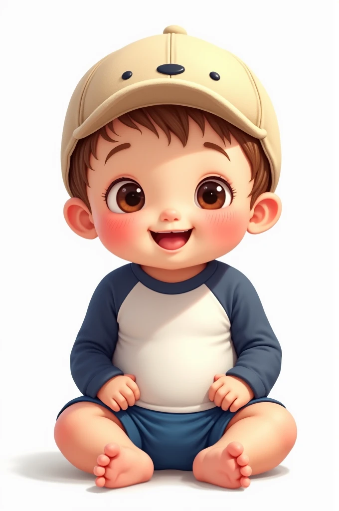 The baby boy has a rounded face, with full cheeks and a light skin tone. His eyes are large, rounded in shape with slanted brows, with an attentive and expressive look. The nose is small and slightly rounded, well proportioned to the face. The mouth has we...