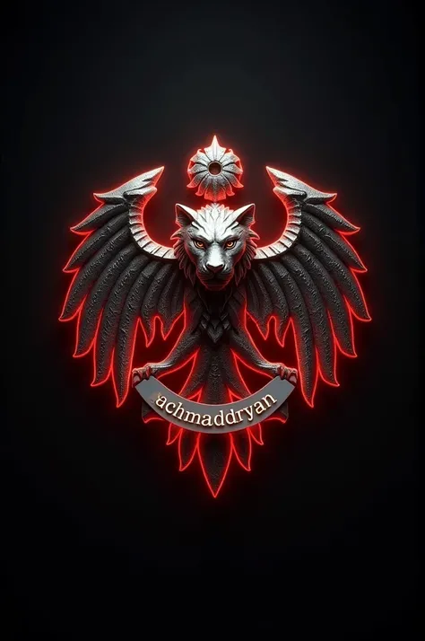  displays the full hd quality of the logo in silver gold color with the shape of a winged tiger and there is a white ribbon inscribed " achmadryan"  carbon black background and there is a red light next to the logo with fluorescent lighting 