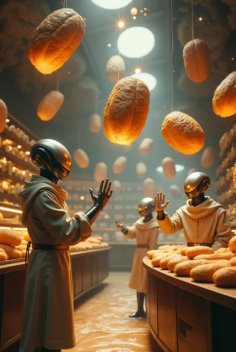 A surreal bakery where loaves of bread float mid-air, glowing faintly with a golden hue. Customers with futuristic, metallic features reach out to grab the levitating bread. The walls of the bakery are made of swirling galaxies, and the floor resembles a s...