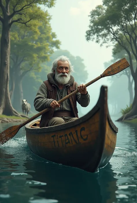 Create the image of an elderly man riding a canoe with the name Titanic and a werewolf in the co-pilot 