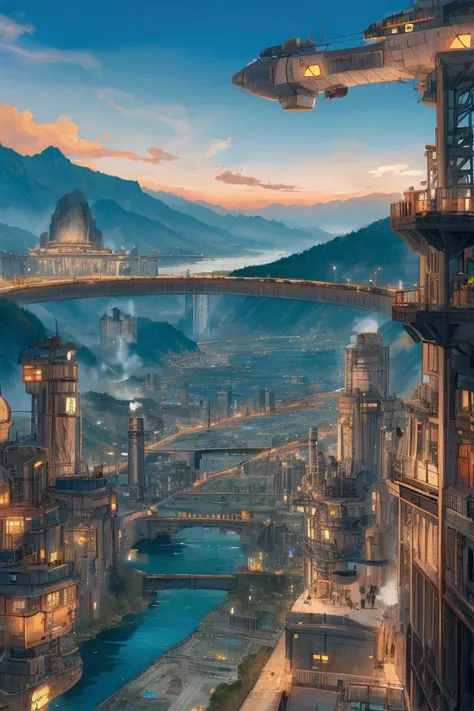 sci-fi city is surrounded by high mountains and lakes, going through an industrial revolution, airships in the sky, people in the streets, steam engine trains, river going through city,