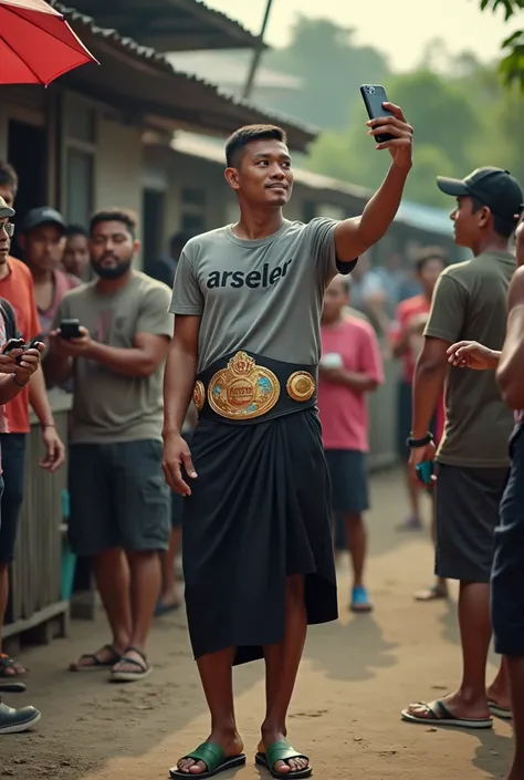 depict hyperrealistic, 3D, ultra HD, looks real, front view slanted to the right 30°, handsome asian javanese indonesian man looking at the camera wearing an old grey t-shirt with the words "ARSELOR", wearing a jet black sarong wearing green flip-flops wea...