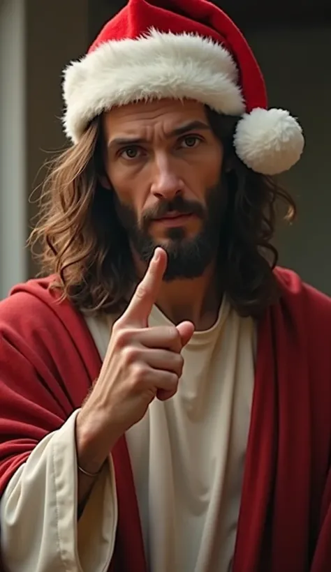 Create an image of Jesus Christ with a serene expression, looking at whoever sees the image.  He has his hand below the chin line ,  calmly pointing a finger ,  as if giving a warning .  Jesus wears a red and white Christmas hat , with a pompom on the top ...