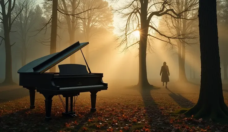 A misty forest clearing at dusk, bathed in soft, golden light filtering through tall, bare trees. In the center of the clearing, a weathered grand piano sits surrounded by scattered autumn leaves. Gentle rays of light highlight the worn keys and aged wood ...