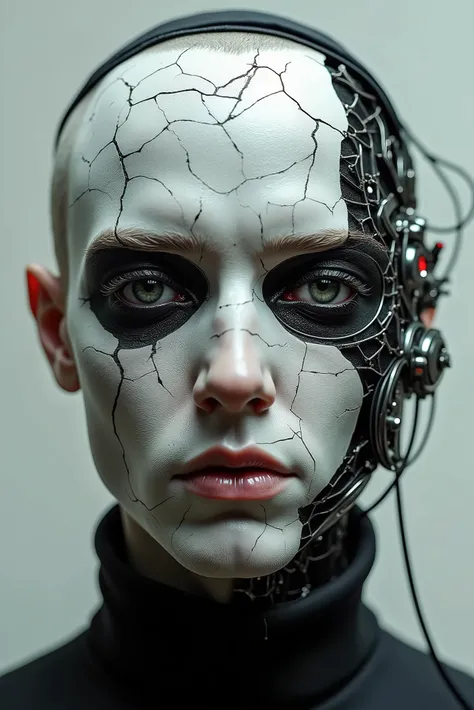 (man in kippah), There is a white head with a broken face and many squares, cybernetic faces, cybernetic machine male face, Robot face, Machine parts embedded in the face, Robot faces, cracked porcelain face, Ray Swanland, Detailed portrait of a cyborg, st...