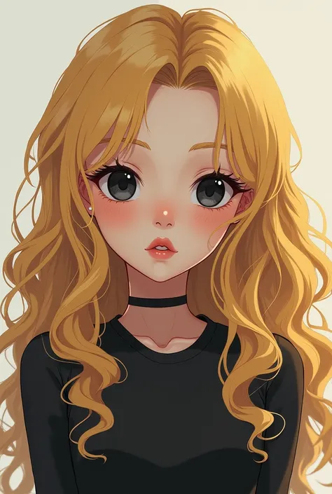 Anime blonde curl hair human teenager girl with evil smiling cute face and black eyes