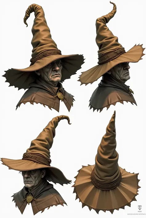 A detailed illustration of the Sorting Hat from Harry Potter, shown from multiple angles. The hat should have a worn, tattered look, with jagged edges and a wide brim. The front view shows its unique face with furrowed brows and a wise, magical expression....