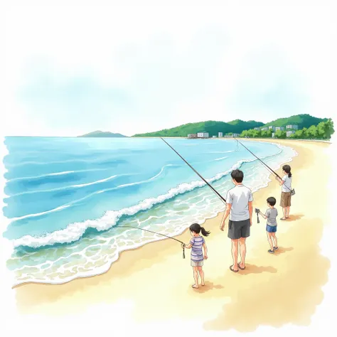 A large, calm sandy beach on the Seto Inland Sea, a family fishing on the shoreline, a dynamic watercolor painting with clear contours and strong colors, a white background, bird’s eye view