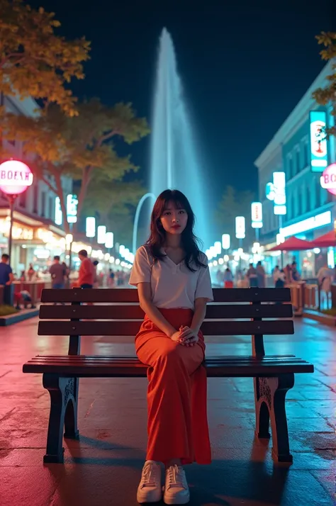 lively night view of Bogor city square. A Korean woman is sitting elegantly on an aesthetic park bench. She is wearing an OSIAS Anya Cosplay Yor Forger Cosplay Costume Spy x Family Cosplay Outfit Anime Costume Color Yor Forger outfit, Onitsuka Shoes, and a...