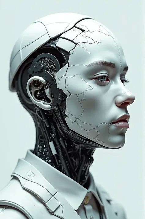 (man in white traditional Kippah), half-side view, There is a white head with a broken face and many squares, cybernetic faces, cybernetic machine male face, Robot face, Machine parts embedded in the face, Robot faces, cracked porcelain face, Ray Swanland,...