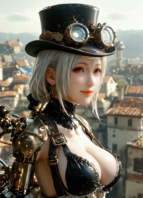 (((masterpiece)))、((highest quality))、(super detailed)、(CG illustration)、(Steampunk style, Sepia nostalgic painting style:1.3)、(so beautiful ))、cinematic light、(((one young lady in steampunk style gear equiped dress, final fantasy VII Tifa Lockhart))), (ha...