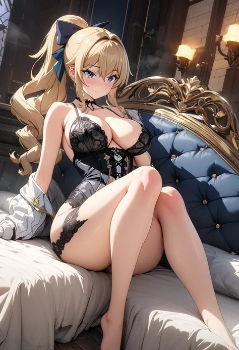 8k, masterpiece, best quality, ultra detailed, Ultra-high resolution, Highly detailed CG, break, 1girl, jean(genshin impact), kawaii, nsfw, big breasts, slender, (sexy lingerie:1.2), full body, indoors, sitting on sofa
