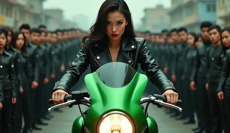 Sexy Chinese woman in leather jacket driving green motorcycle, behind her many men and women standing in line with their heads bowed