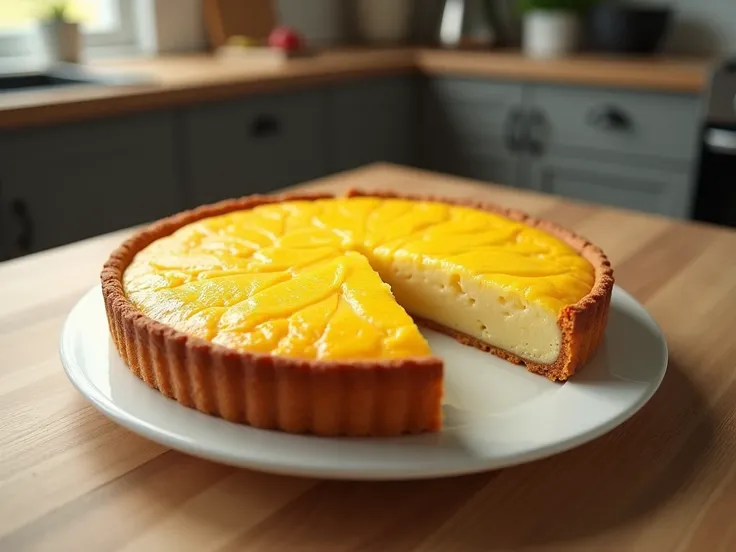  a stuffed cake on top of a white tray. There is a slice of the pie cut .  on top of the pie has very yellow egg threads .  the pie is on a wooden table . Background of the image is a modern kitchen .  REALISTIC IMAGE.