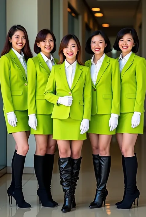 A group of 6 Kirguizian 56-years-old ordinary a bit chunk hostesses wearing a lime green blazer, lime green miniskirt, white blouse, white cotton gloves, flesh colored pantyhose and {wrinkled stiletto over the knee sleeved leather black boots}. All posing ...