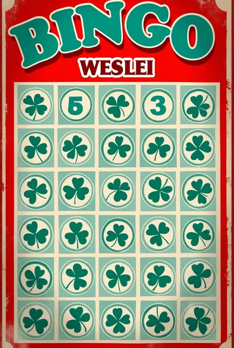  create a background for a BINGO poster with the slightly prominent name WESLEI, with details of a card and money and a 4-sheet clover, small details 
I want a background for street bingo ,Serious thing 
with the colors red , blue and white 
Leave room for...