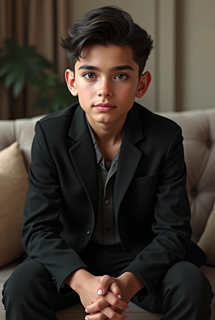 (photorealism:1.2), handsome boy,sitting on a sofa, wearing a black jacket 