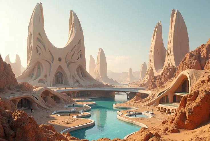 a desert city, advance, artificial water bodies, ((desert rose architecture))